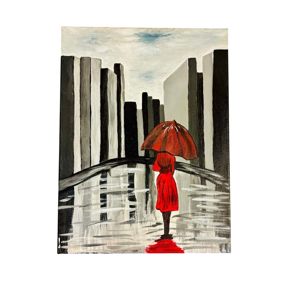 Lady in Red Rainy day dreams Amateur Signed Art work Canvas acrylic painting Art